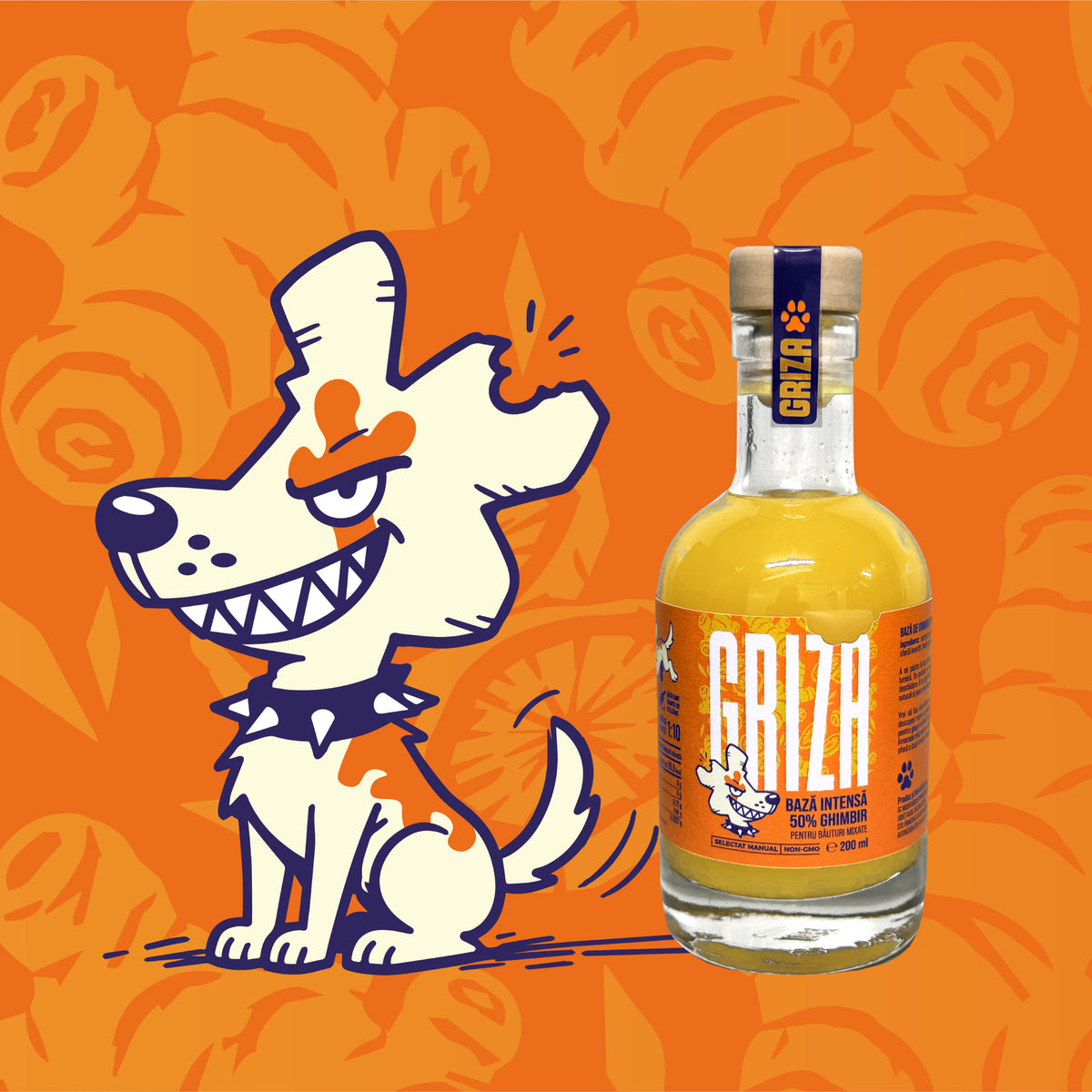 Griza ginger base 200 ml with 50% ginger, gift bottle, next to the Ginger Head mascot