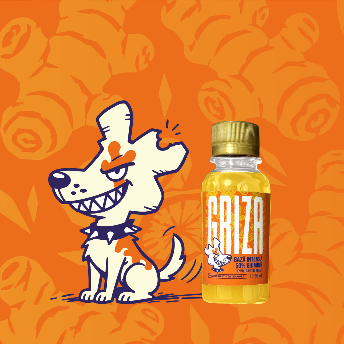 Griza ginger base 90 ml with 50% ginger, small trial bottle, next to the Ginger Head mascot